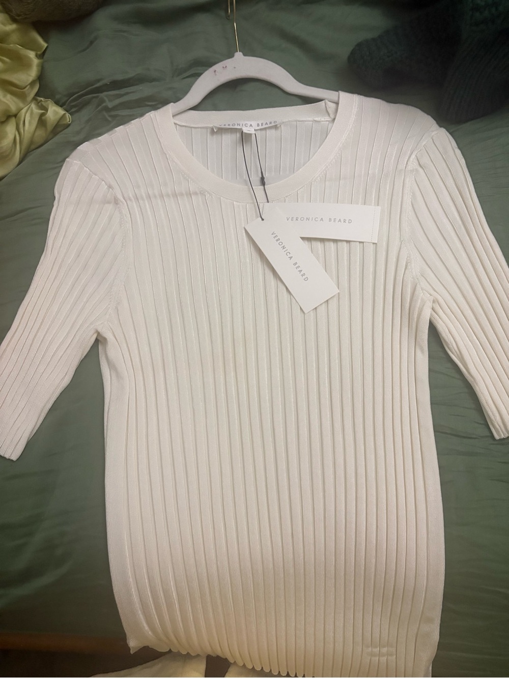 Veronica Beard white Ribbed Short-Sleeve Knit Top. (NWT)